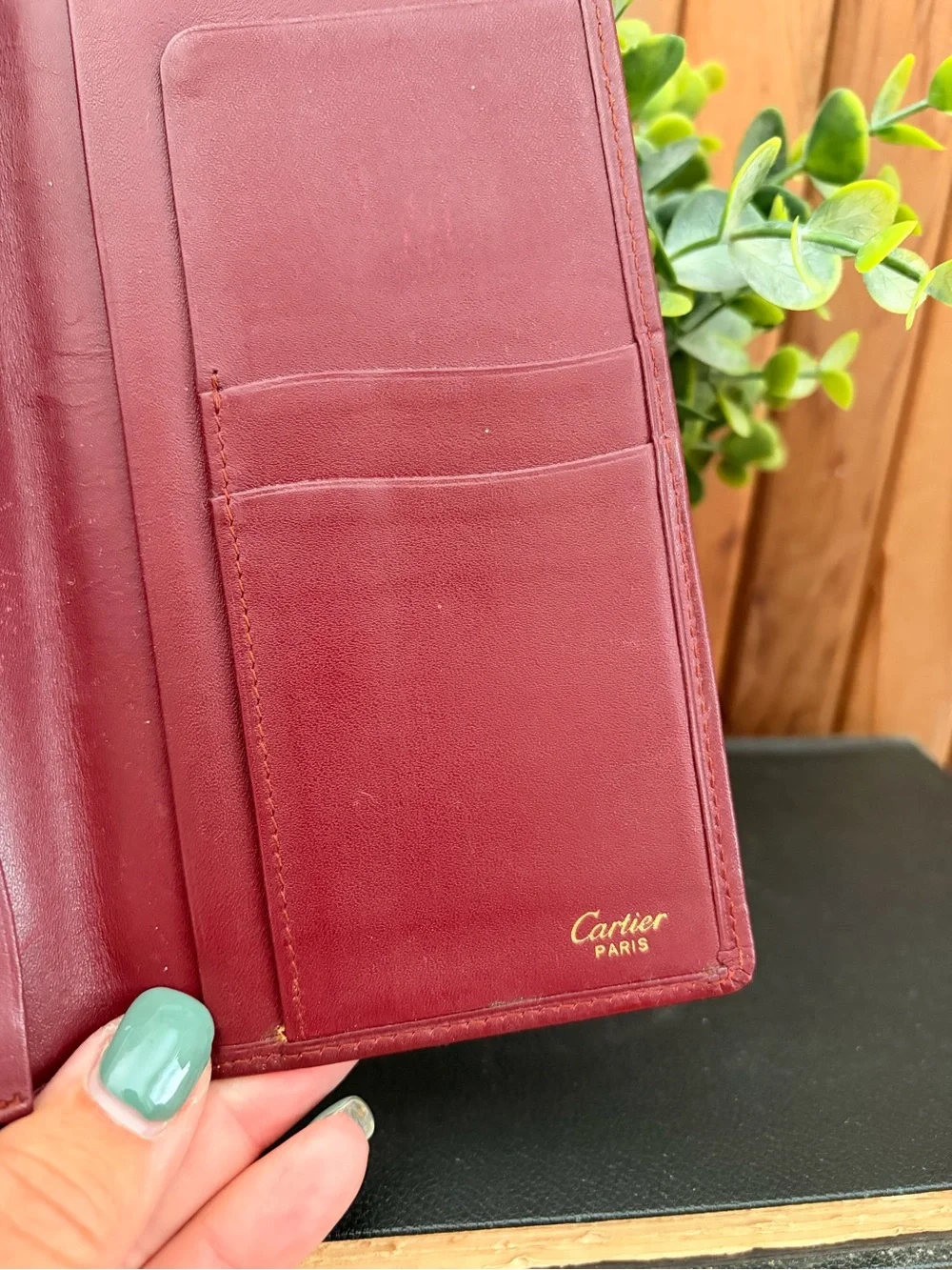 Cartier Paris Vintage Burgundy Leather Long Wallet, Gold Corner